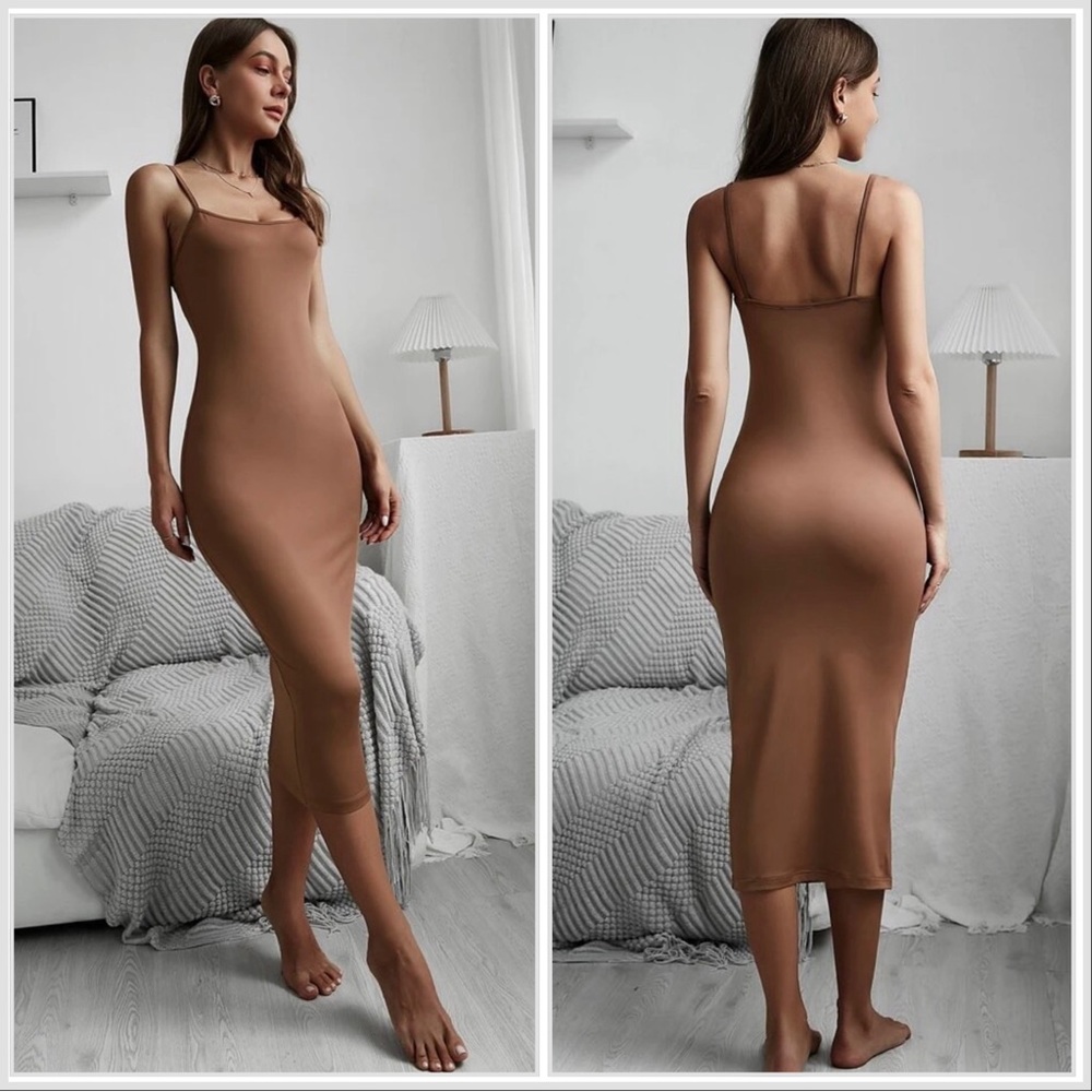 3/$30 SHEIN Solid Cami Lounge Midi Long Dress Light Cocoa Brown Size Large NWOT